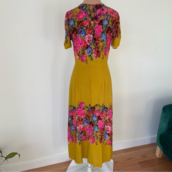 Free People Golden Yellow Floral Print Button Front Jaimie Midi Dress Size XS - Picture 4 of 9